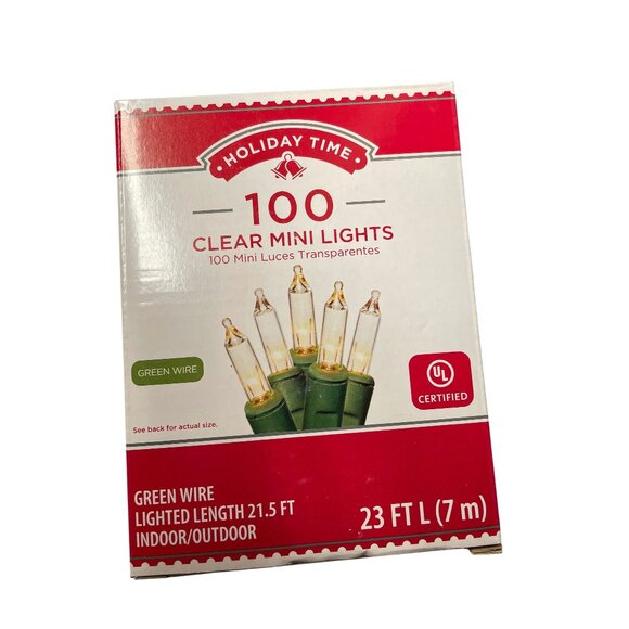 Holiday Time 100 Clear Mini Lights 23 Ft Green Wire UL Certified Indoor/Outdoor - Picture 1 of 5